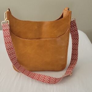 Funky Monkey Camel Brown Vegan Leather Crossbody Bag w/ Boho Pattern Strap